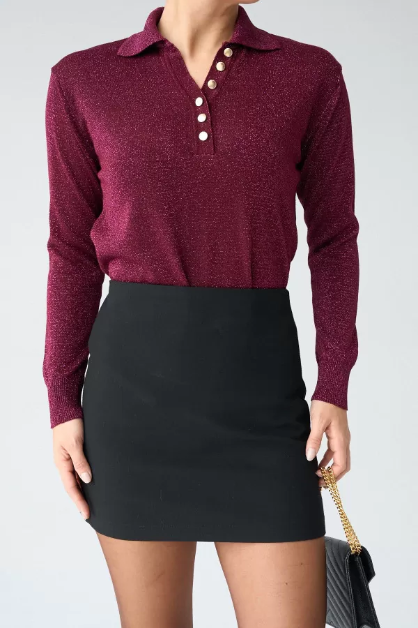 Gold Düğmeli Simli Bordo Kadın Kazak