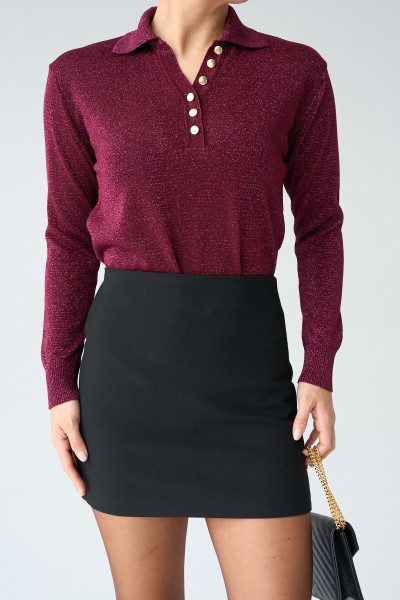 Gold Düğmeli Simli Bordo Kadın Kazak