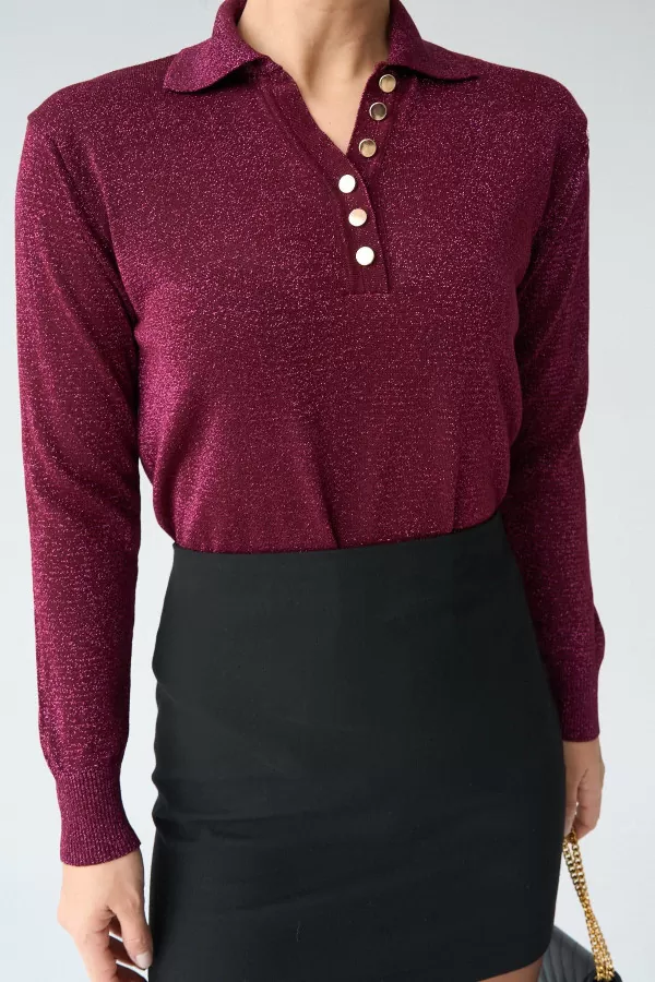 Gold Düğmeli Simli Bordo Kadın Kazak