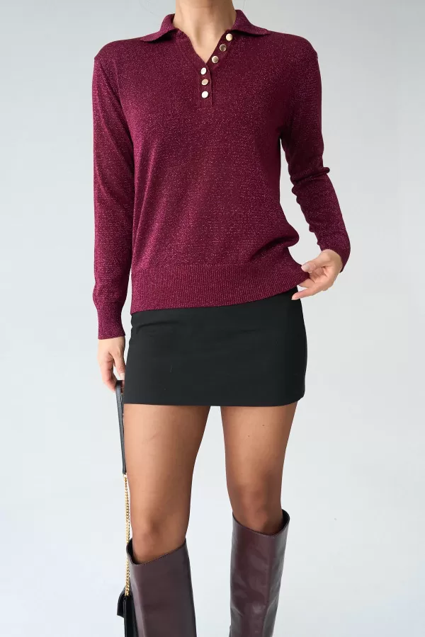 Gold Düğmeli Simli Bordo Kadın Kazak