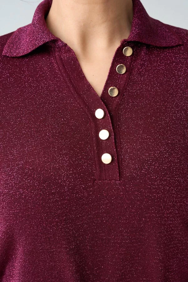 Gold Düğmeli Simli Bordo Kadın Kazak