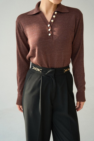 Gold Düğmeli Simli Kahverengi Kadın Kazak