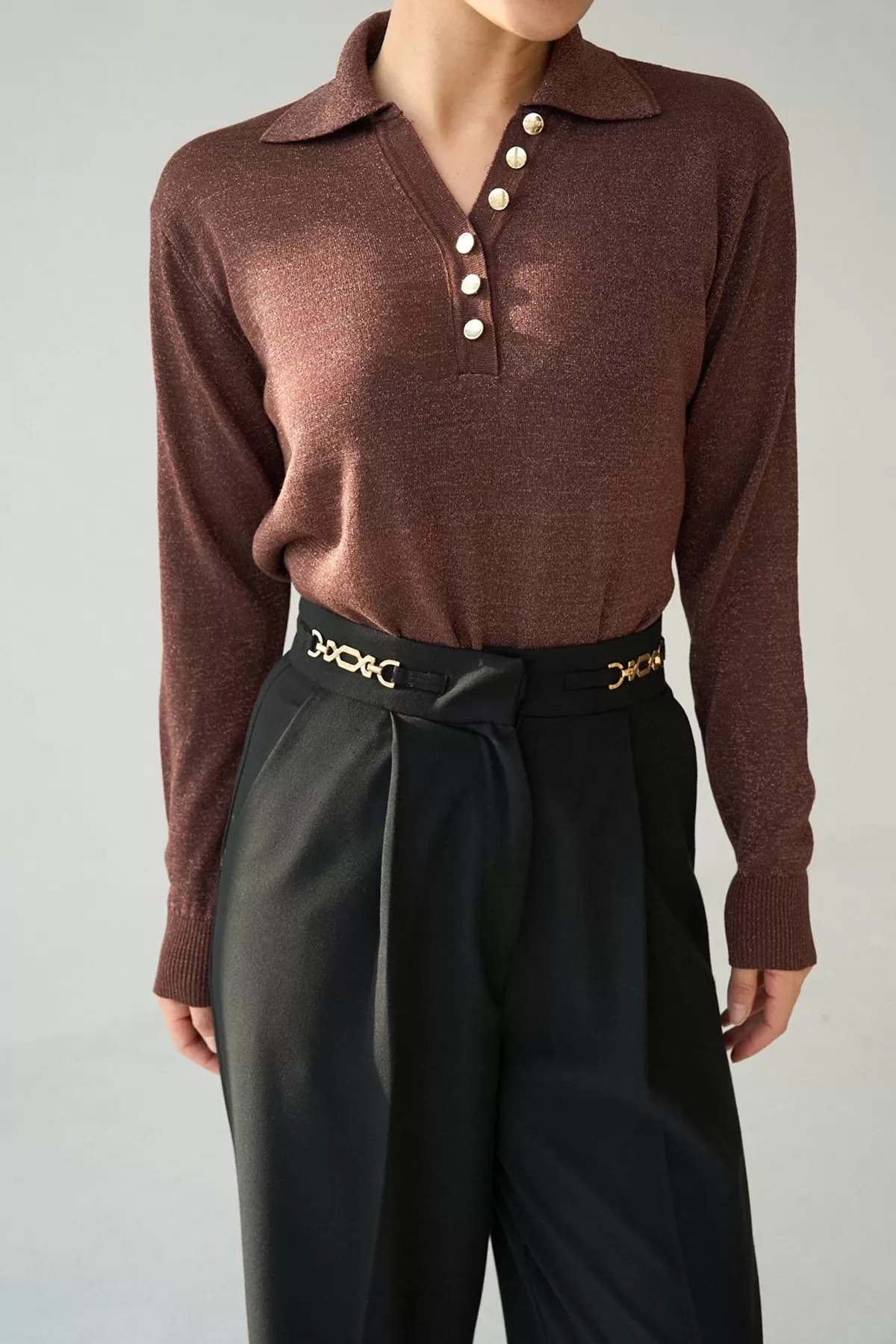 Gold Düğmeli Simli Kahverengi Kadın Kazak