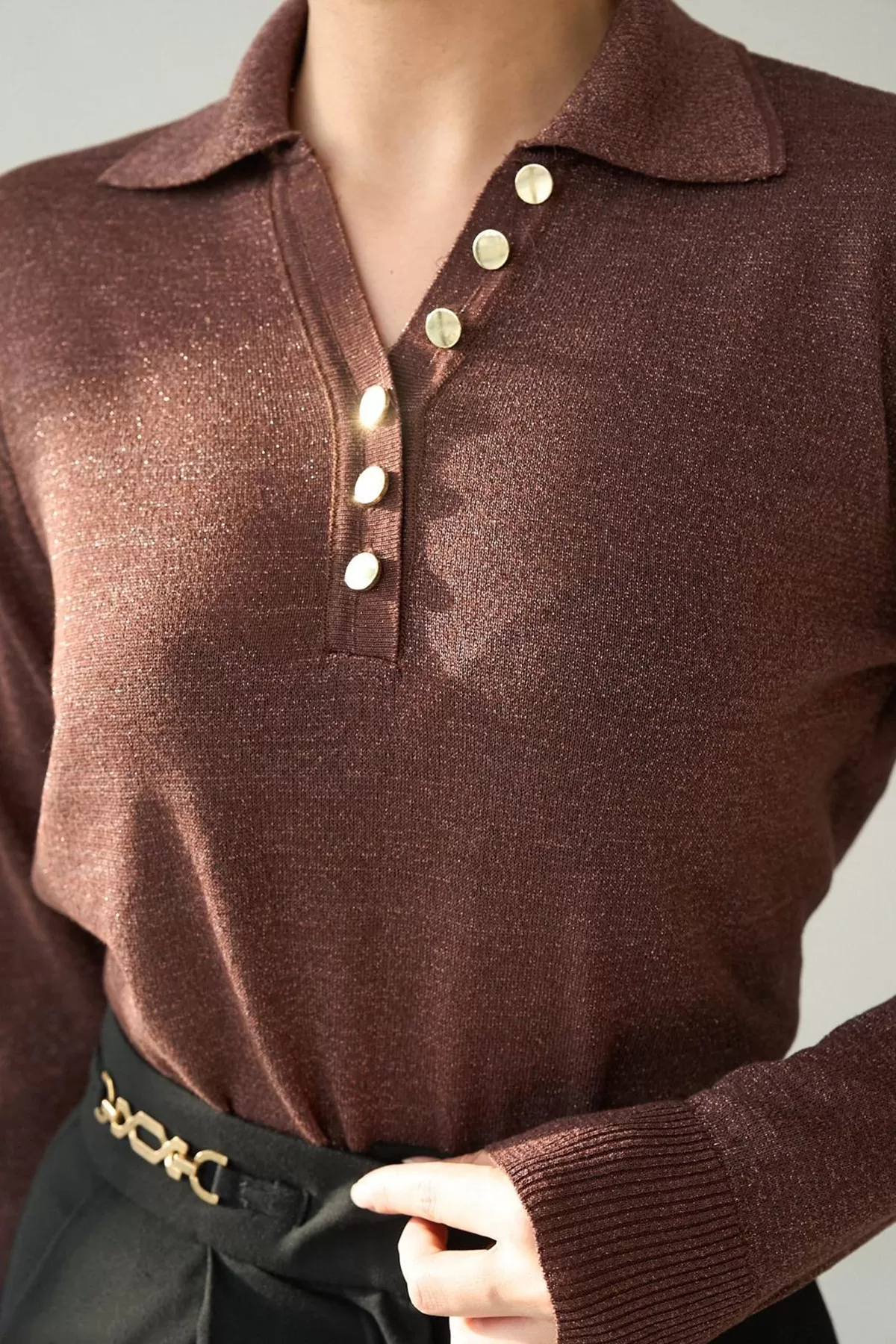 Gold Düğmeli Simli Kahverengi Kadın Kazak