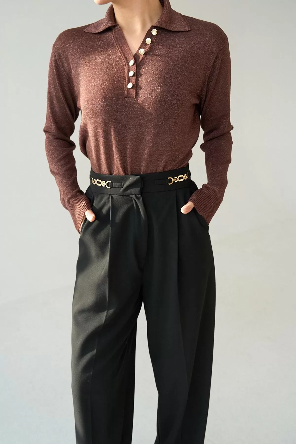 Gold Düğmeli Simli Kahverengi Kadın Kazak