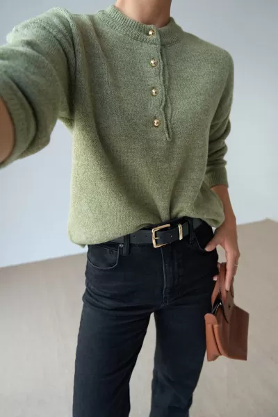 Gold Düğmeli Yeşil Pamuklu Kadın Kazak