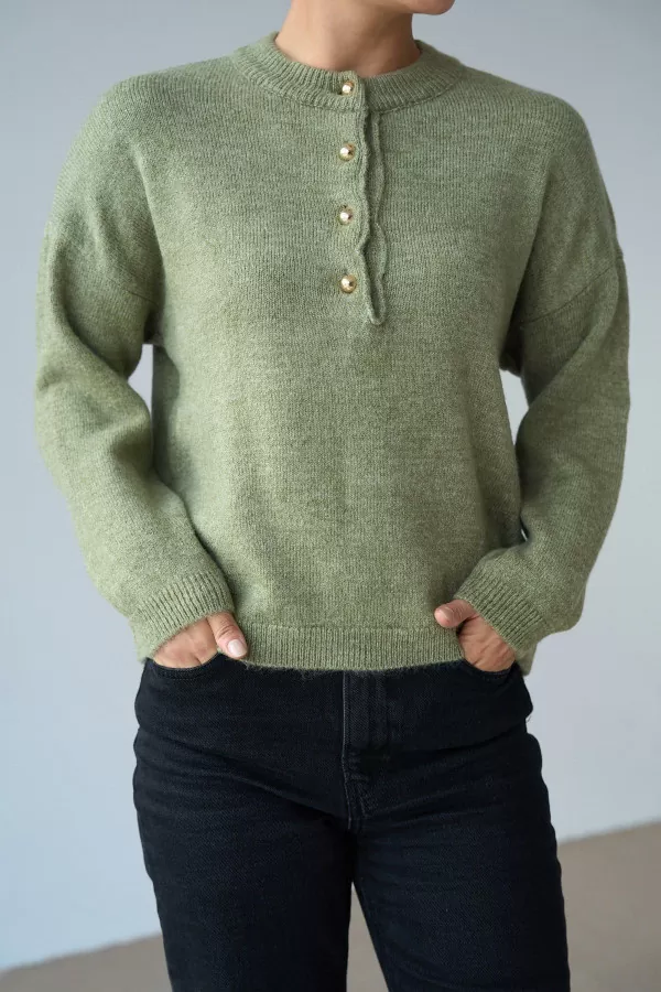 Gold Düğmeli Yeşil Pamuklu Kadın Kazak