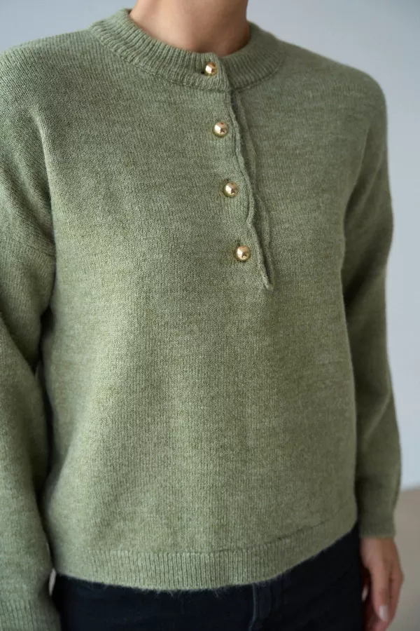 Gold Düğmeli Yeşil Pamuklu Kadın Kazak