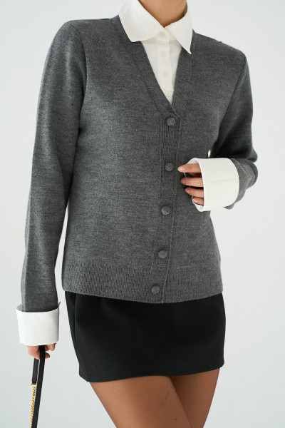 Gömlek Yaka Gri Triko Kadın Hırka Kazak