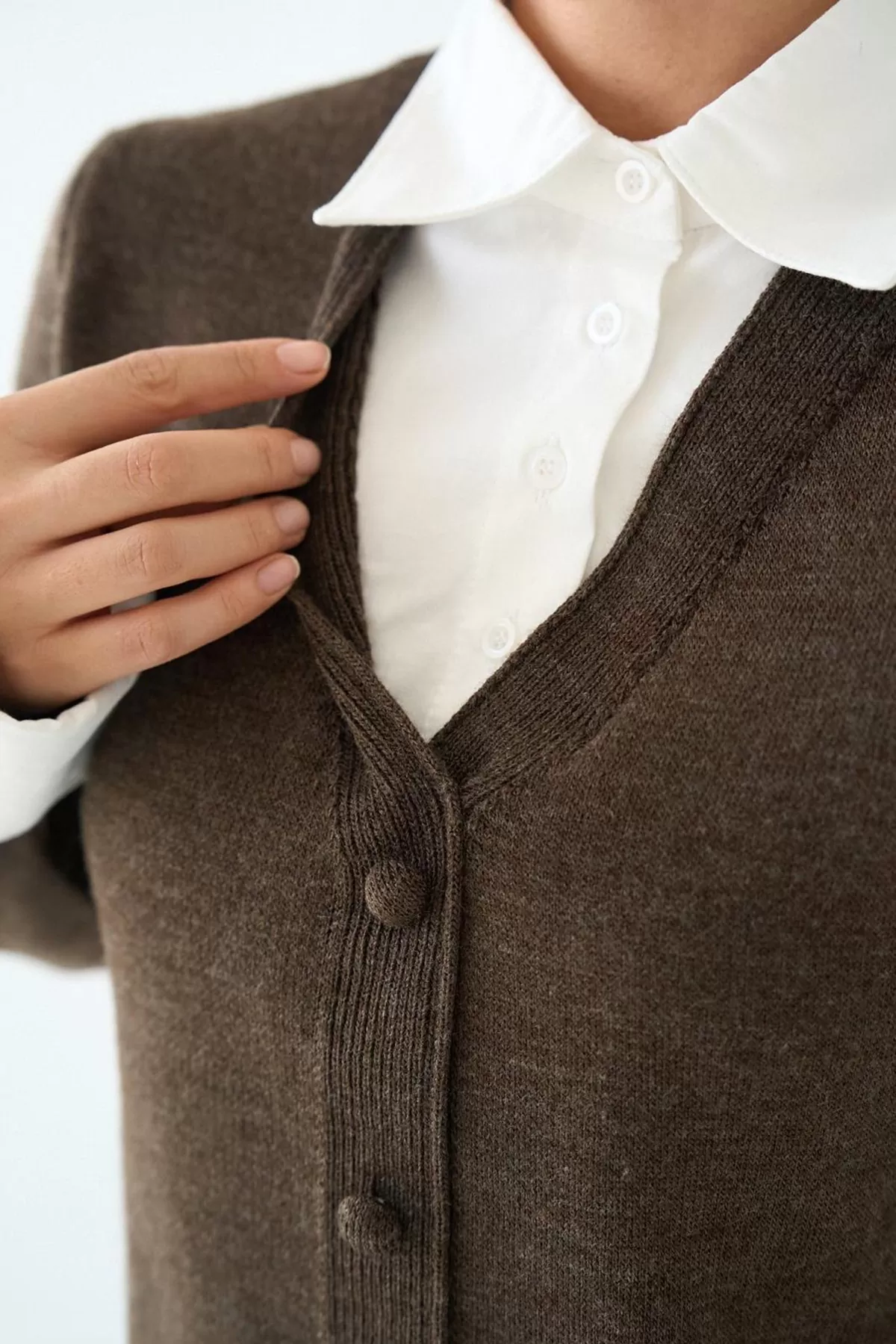 Gömlek Yaka Kahverengi Triko Kadın Hırka Kazak