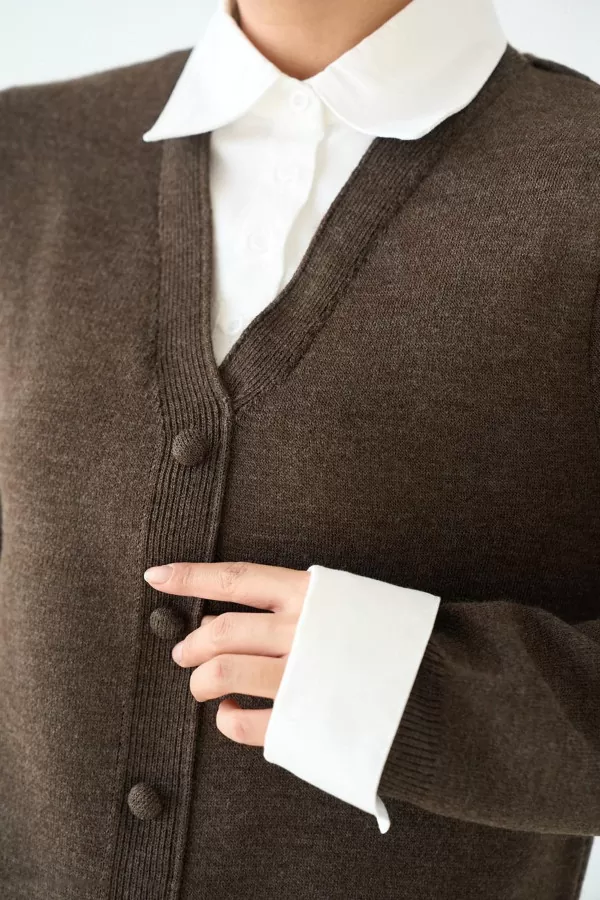 Gömlek Yaka Kahverengi Triko Kadın Hırka Kazak