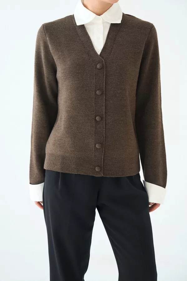 Gömlek Yaka Kahverengi Triko Kadın Hırka Kazak