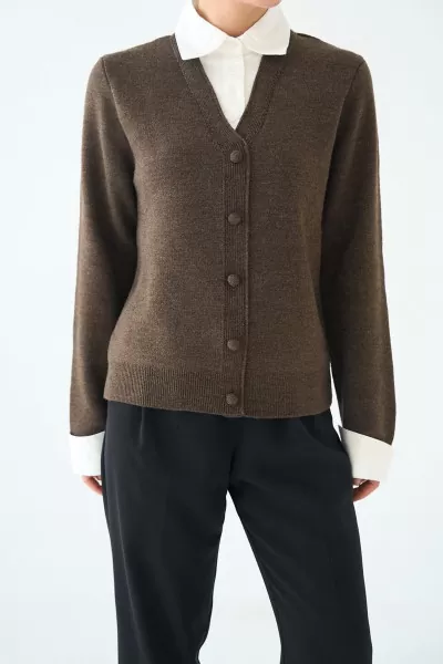 Gömlek Yaka Kahverengi Triko Kadın Hırka Kazak