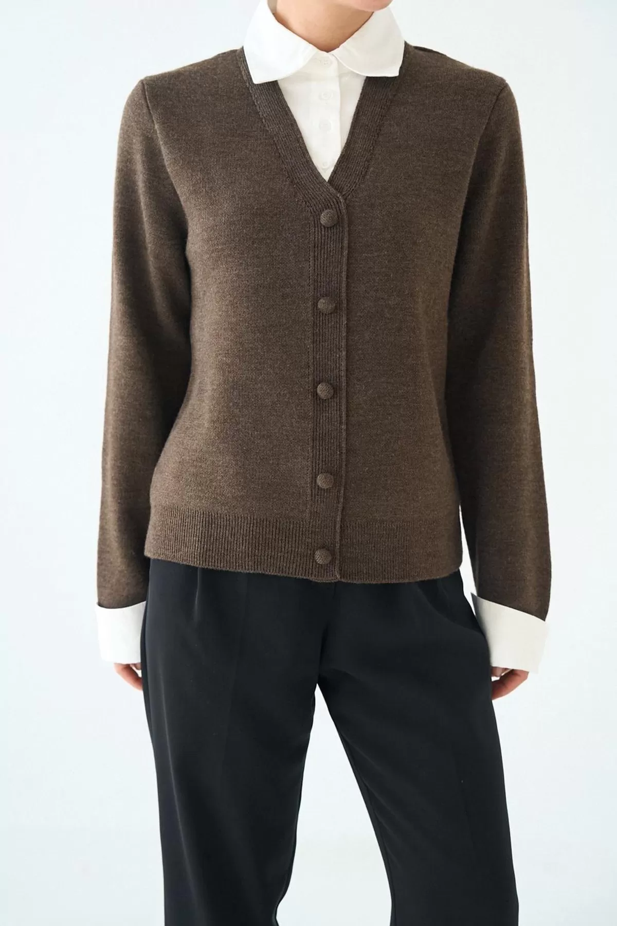 Gömlek Yaka Kahverengi Triko Kadın Hırka Kazak