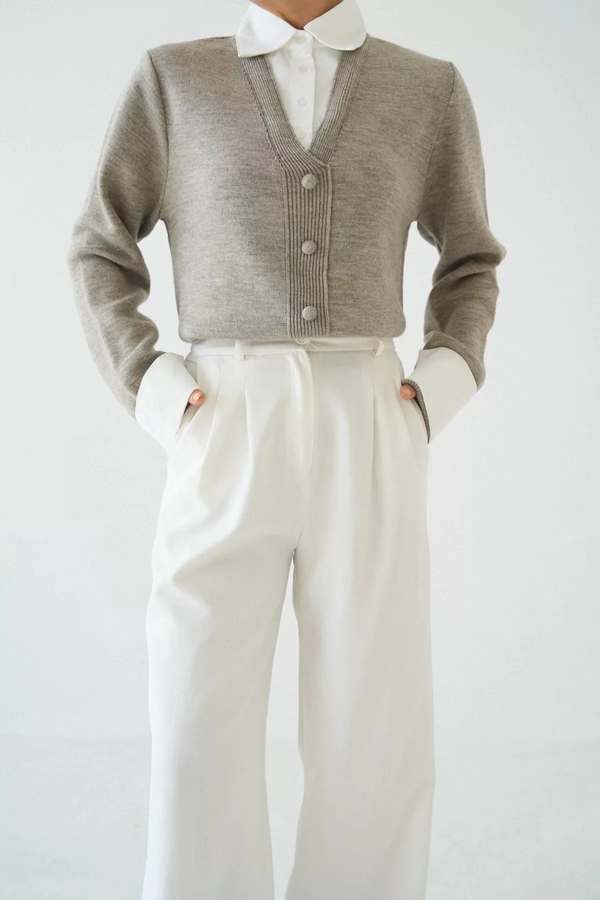 Gömlek Yaka Vizon Triko Kadın Hırka Kazak