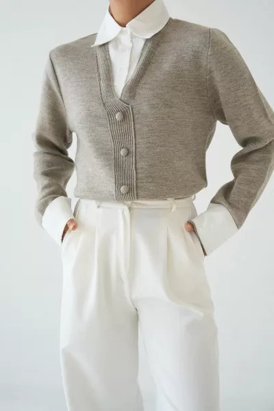 Gömlek Yaka Vizon Triko Kadın Hırka Kazak