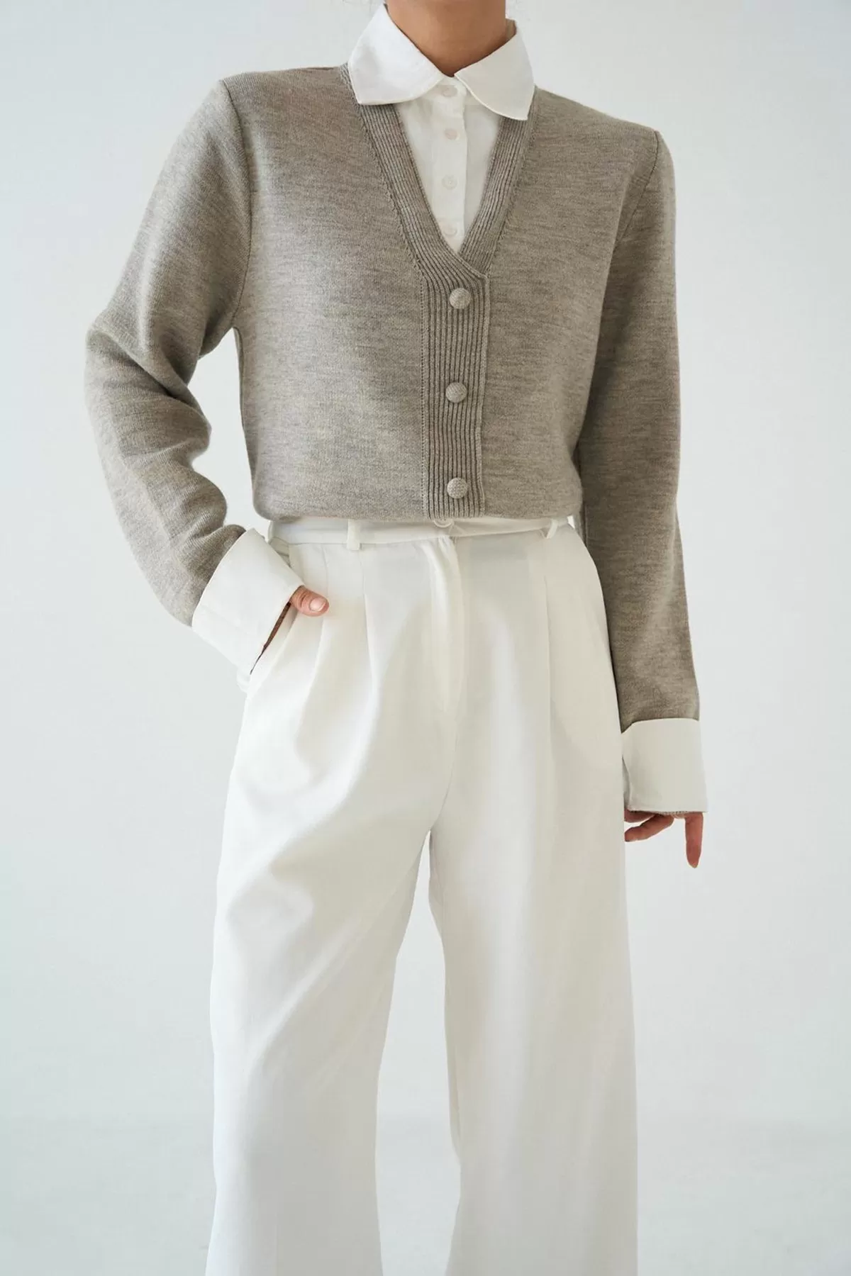 Gömlek Yaka Vizon Triko Kadın Hırka Kazak