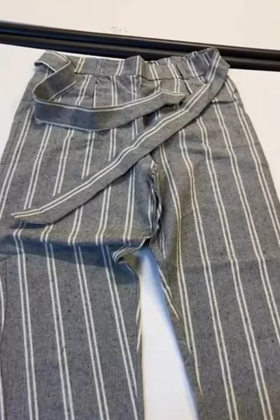 Gri Beyaz Çizgili Keten Kadın Pantolon