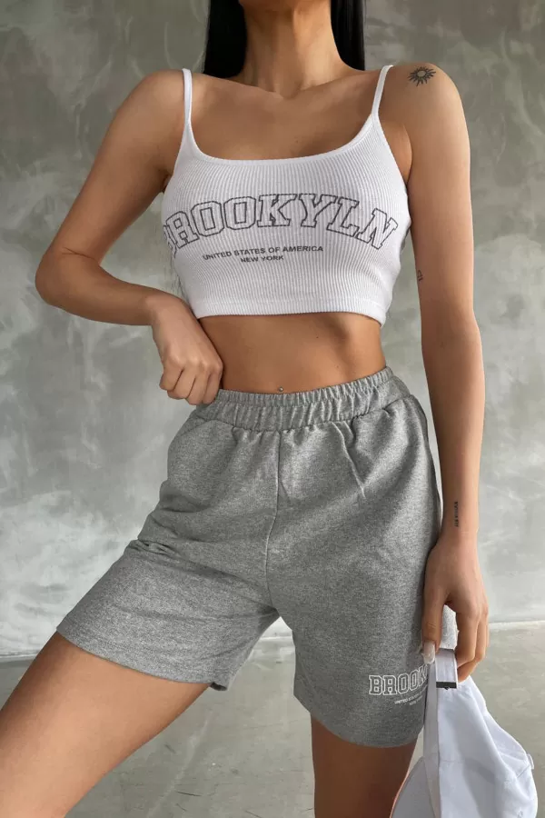 Gri Beyaz Şort Askılı Crop Kadın Alt Üst Takım