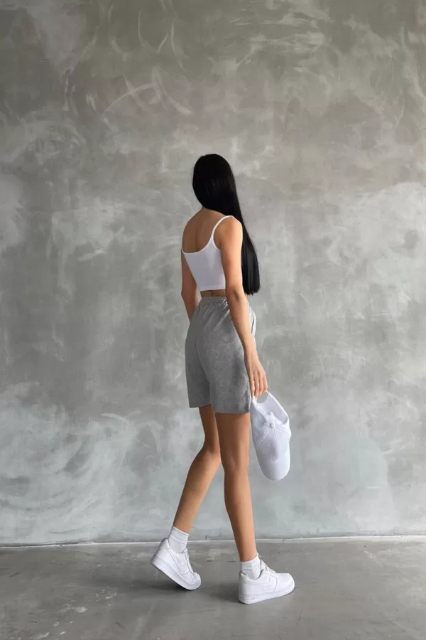 Gri Beyaz Şort Askılı Crop Kadın Alt Üst Takım