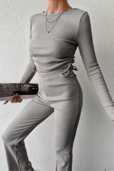 Gri Bisiklet Yaka Bluz Pantolon Kadın Alt Üst Takım