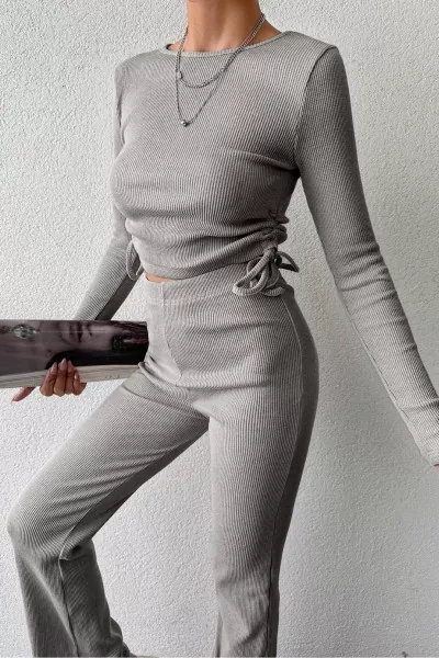 Gri Bisiklet Yaka Bluz Pantolon Kadın Alt Üst Takım