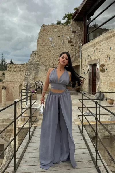 Gri Büstiyer Yırtmaçlı Pantolon Alt Üst Takım