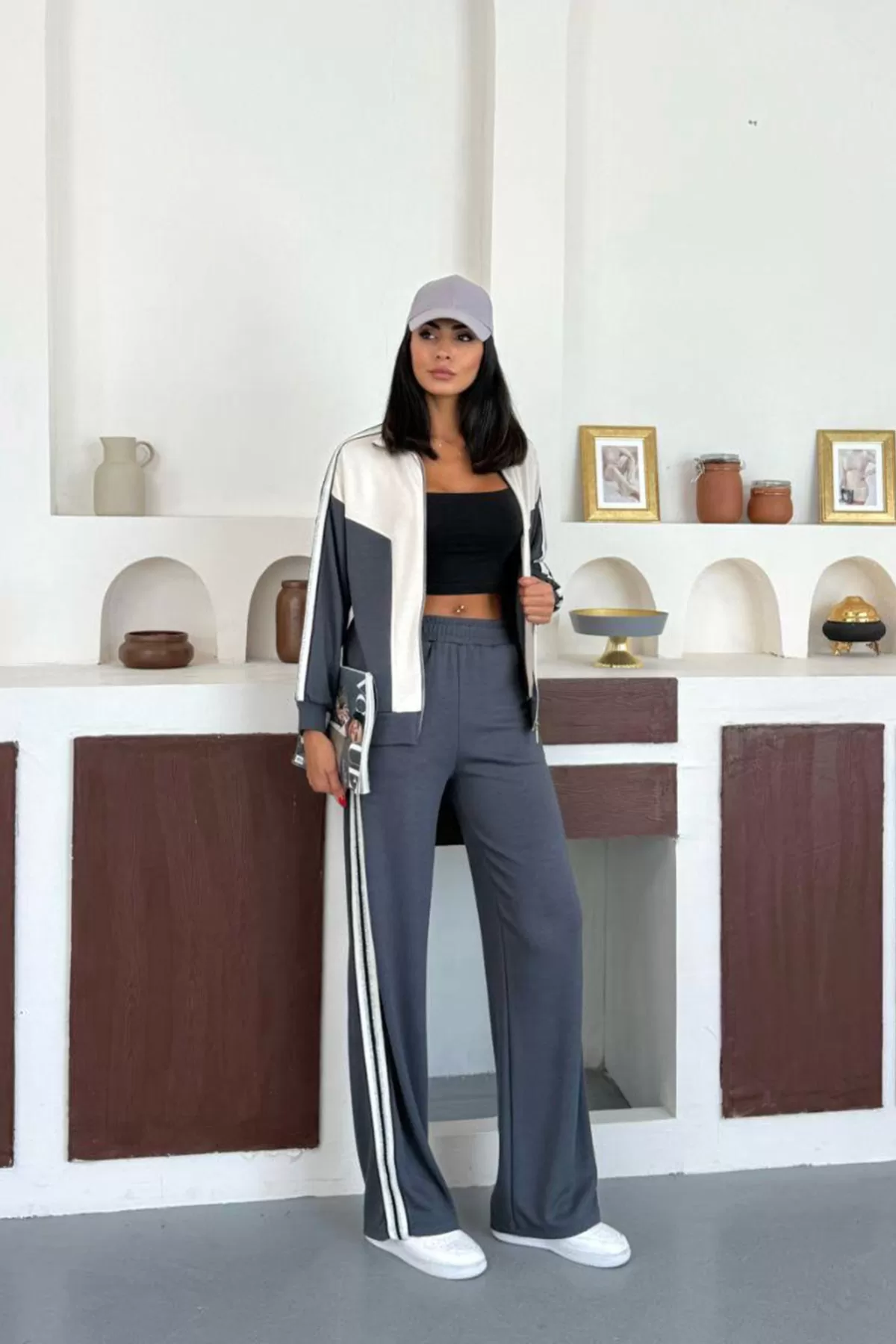 Gri Ekru Modal Kumaş Kadın Eşofman Takımı