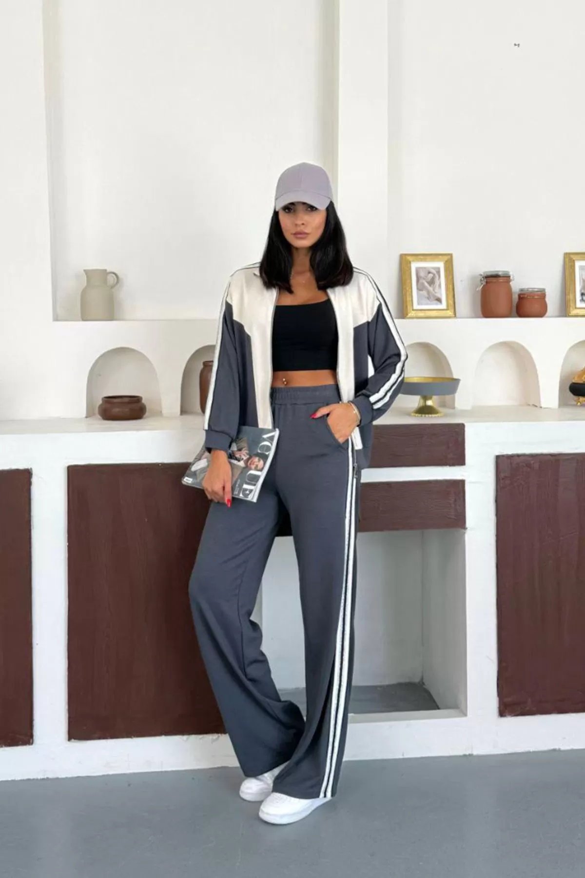 Gri Ekru Modal Kumaş Kadın Eşofman Takımı