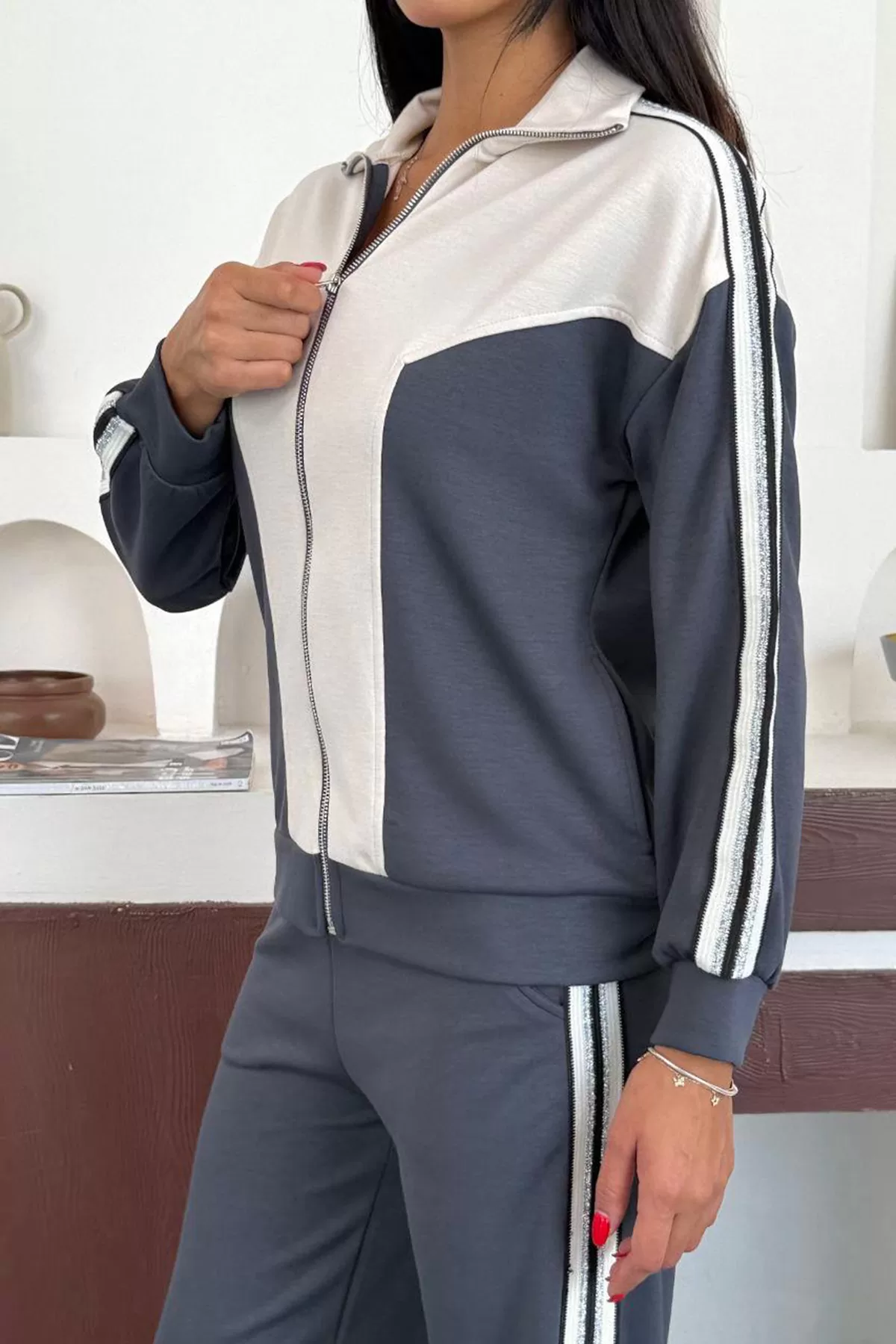 Gri Ekru Modal Kumaş Kadın Eşofman Takımı