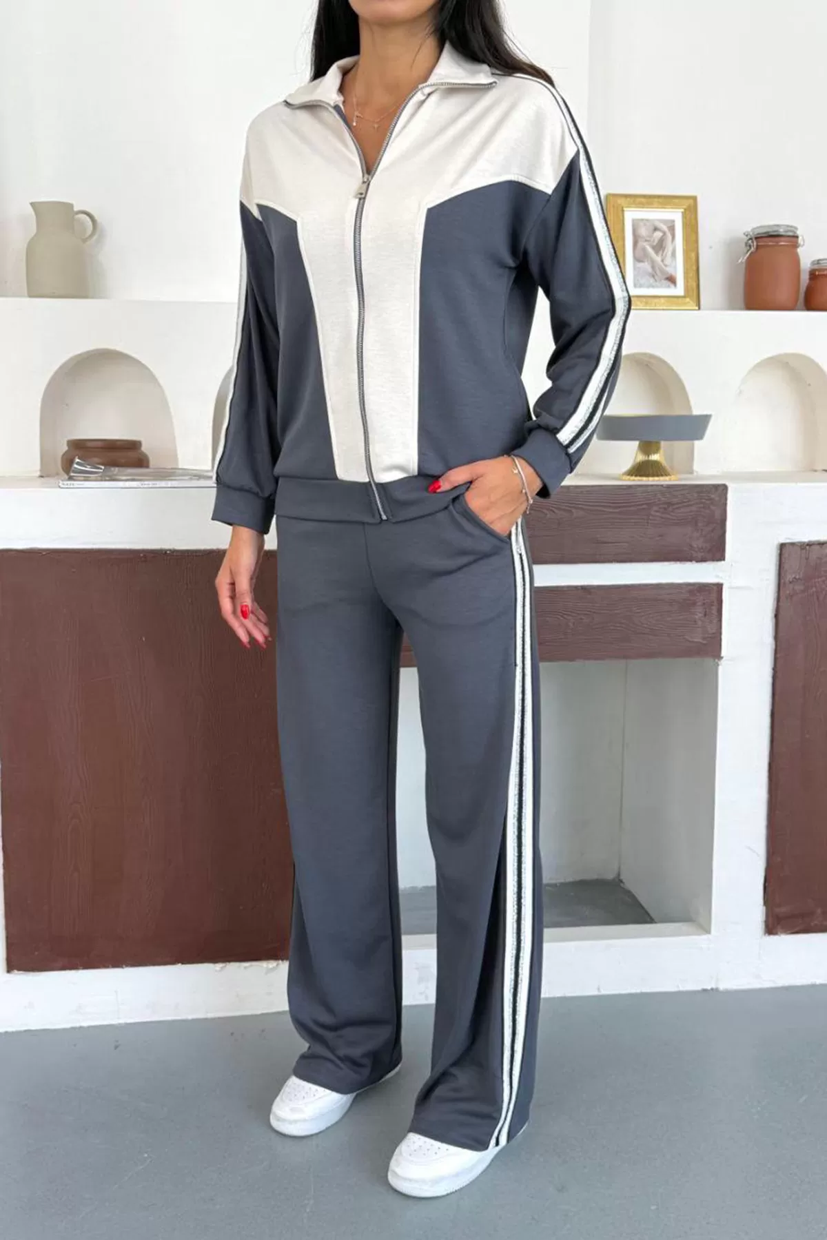 Gri Ekru Modal Kumaş Kadın Eşofman Takımı