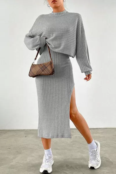 Gri Elbise Bluz Alt Üst Takım