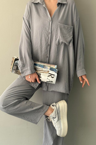 Gri Keten Gömlek Pantolon Kadın Alt Üst Takım