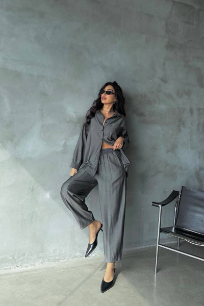 Gri Keten Gömlek Pantolon Kadın Alt Üst Takım