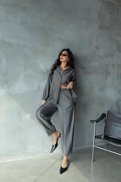 Gri Keten Gömlek Pantolon Kadın Alt Üst Takım