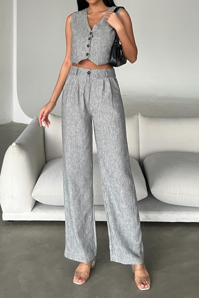 Gri Keten Yelek Pantolon Kadın Alt Üst Takım