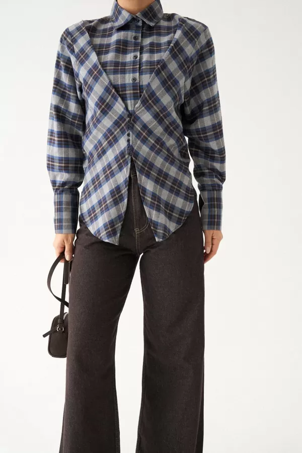 Gri Lacivert Ekose Kadın Gömlek