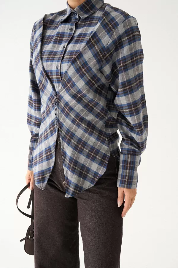 Gri Lacivert Ekose Kadın Gömlek