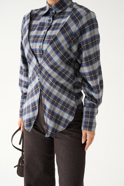 Gri Lacivert Ekose Kadın Gömlek