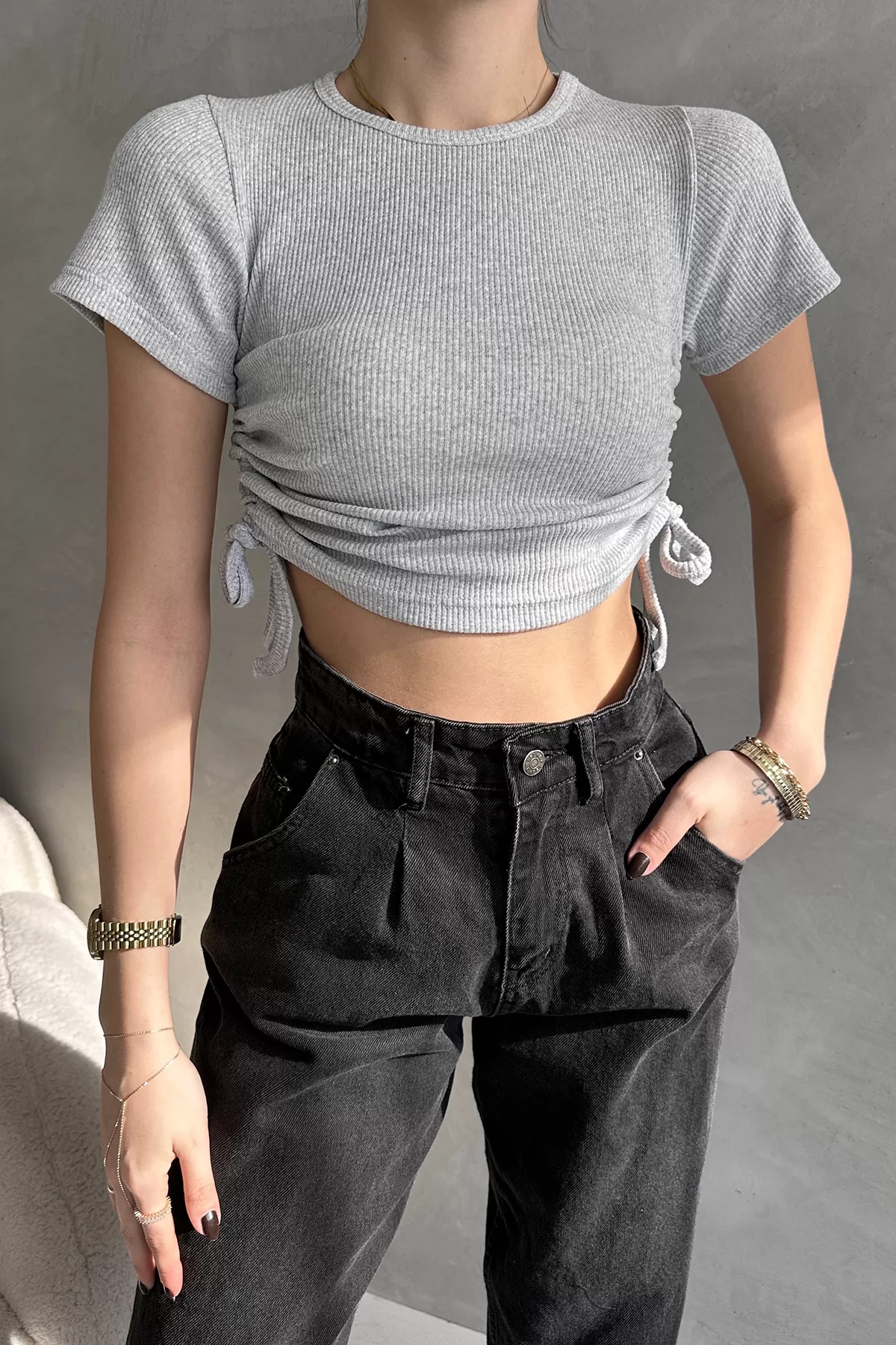 Gri Melanj Asansörlü Kaşkorse Bluz