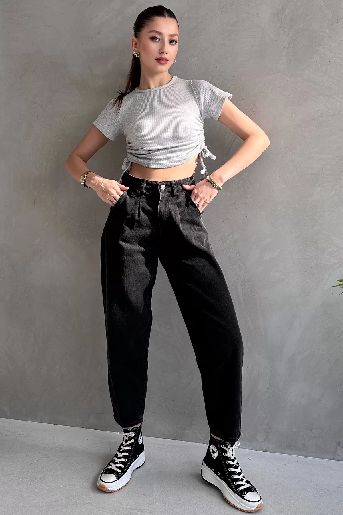 Gri Melanj Asansörlü Kaşkorse Bluz