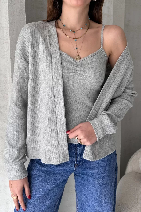 Gri Melanj Atlet Hırka İkili Takım