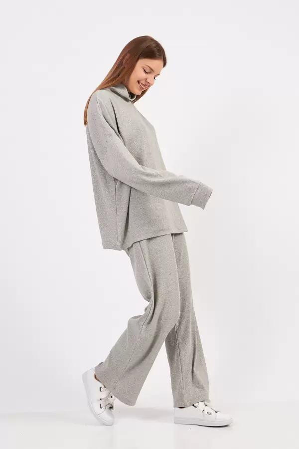 Gri Melanj Kadın Kaşkorse Bluz Pantolon Takım