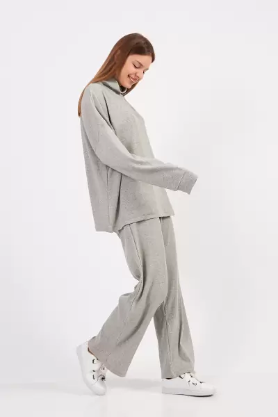Gri Melanj Kadın Kaşkorse Bluz Pantolon Takım