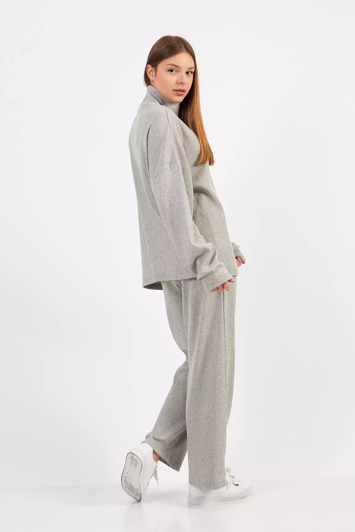 Gri Melanj Kadın Kaşkorse Bluz Pantolon Takım