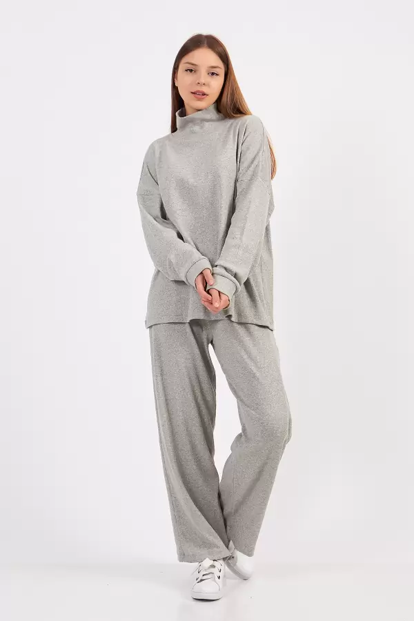 Gri Melanj Kadın Kaşkorse Bluz Pantolon Takım
