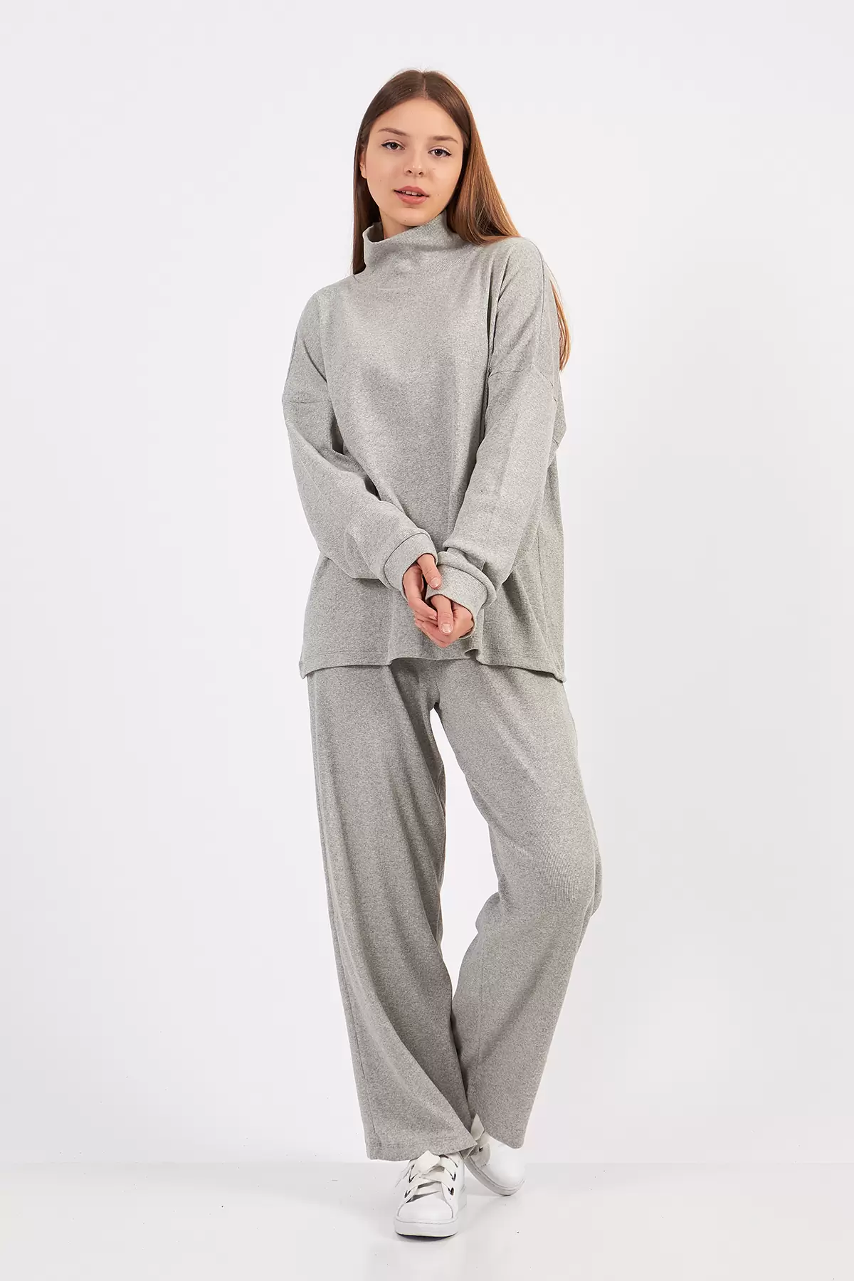 Gri Melanj Kadın Kaşkorse Bluz Pantolon Takım