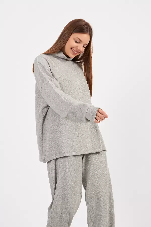 Gri Melanj Kadın Kaşkorse Bluz Pantolon Takım