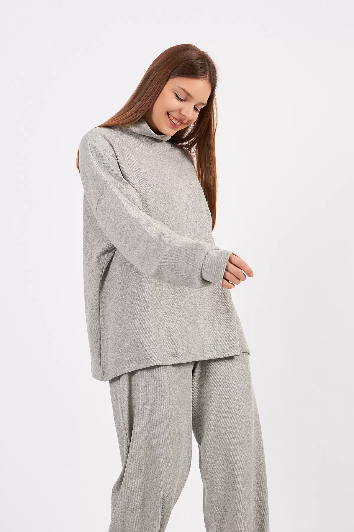 Gri Melanj Kadın Kaşkorse Bluz Pantolon Takım