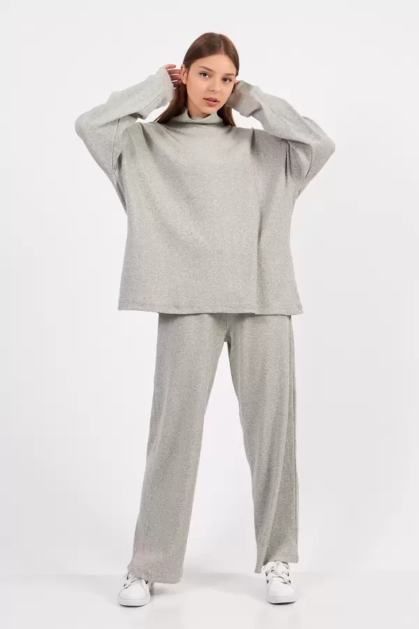 Gri Melanj Kadın Kaşkorse Bluz Pantolon Takım